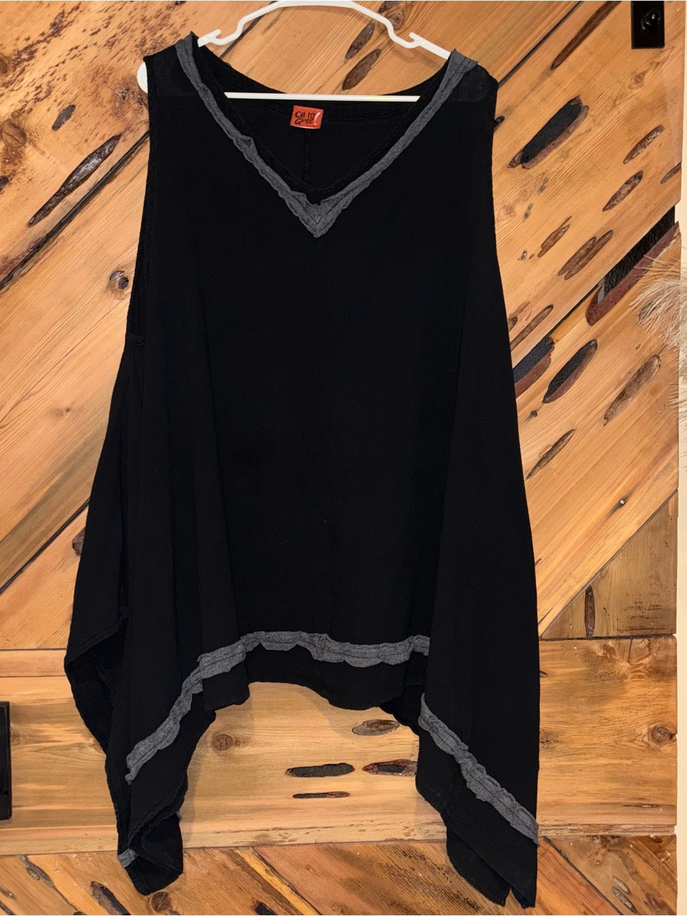 Oh My Gauze! Black Sleeveless V-Neck Tunic with Gray Trim